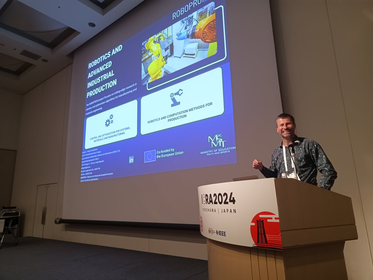 mrs_ctu's tweet photo. 🆕Updates from #ICRA2024 Yokohama, Japan➡️
Dr. Martin Saska gave a talk on “Closely cooperating teams of agile aerial robots in the wild”, and introduced the new #ROBOPROX project.
💡Learn more info here: https://t.co/oUwGTLRVRu
#ICRA2024 #ICRAYokohama #MRSgroupPrague https://t.co/56SaidwhmQ