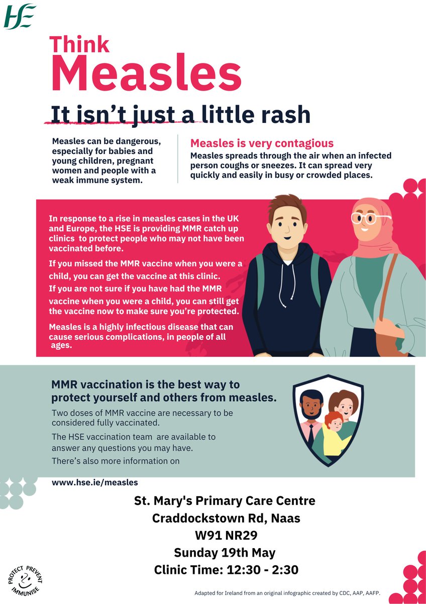 #Measles is a highly infectious virus, which can cause serious illness. If you've not been previously vaccinated, consider this upcoming clinic in St Mary's, Naas hse.ie/measles Clinic time 12.30-2.30pm