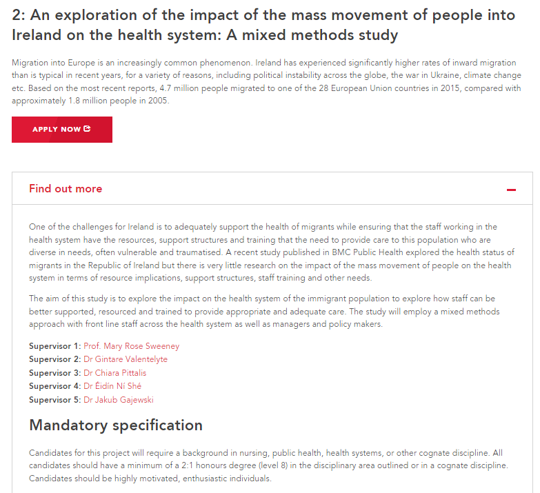 A 4-year fully funded PhD Opportunity in <a href="/RCSI_Irl/">RCSI</a> 

Exploration of the impact of the mass movement of people into Ireland on the healthy system: A mixed methods study

Supervisors: <a href="/sweenema/">Professor Mary Rose Sweeney</a>, Dr. Chiara Pittalis, Dr Éidín Ní Shé, Dr Jakub Gajewski &amp; Me

shorturl.at/bxHNY