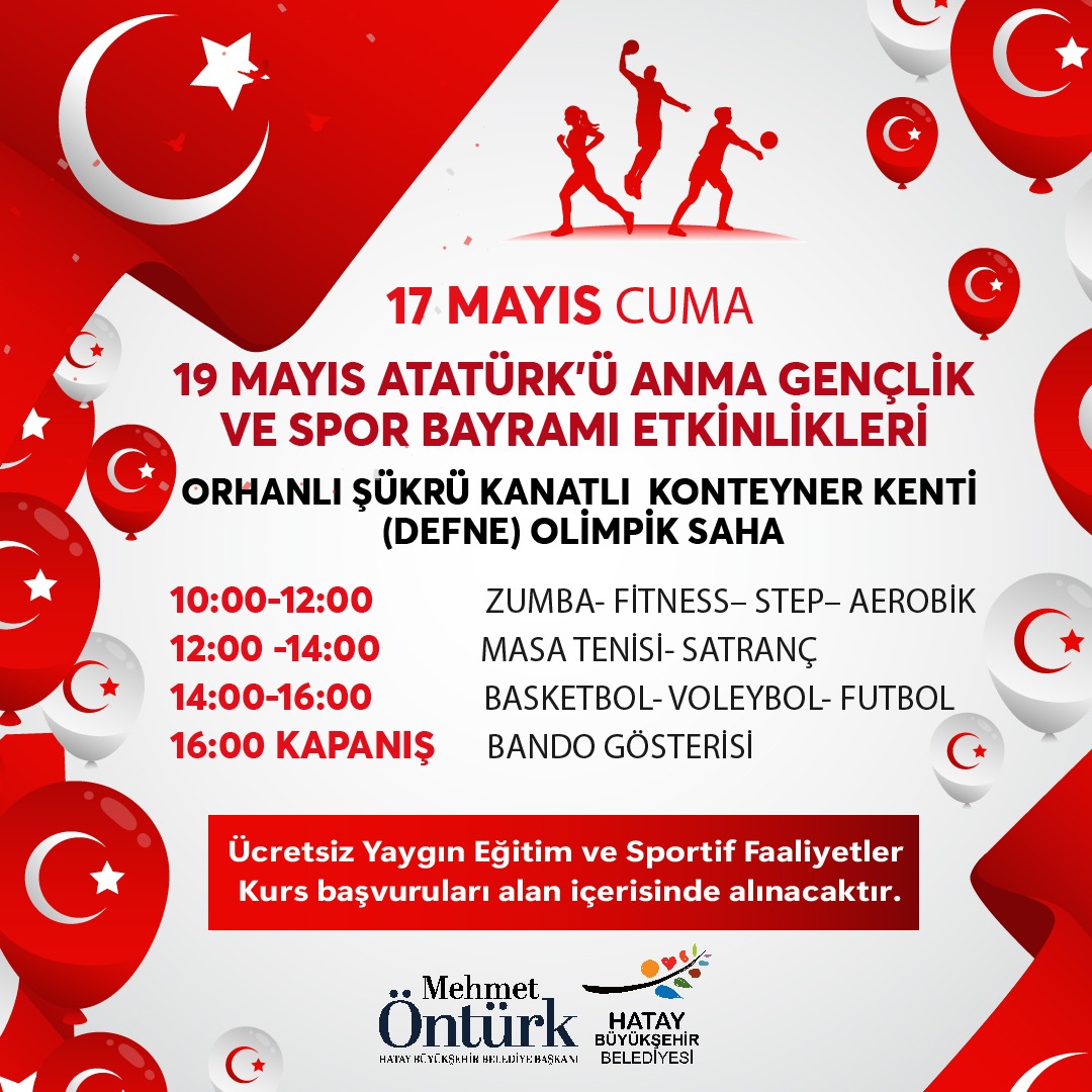 19 Mayıs Atatürk'ü Anma Gençlik ve Spor Bayramı ile Gençlik Haftası kutlamaları kapsamında, gençlerimizi sosyalleşmeye teşvik etmek ve spor branşlarındaki yeteneklerini geliştirmek için düzenlediğimiz etkinliklere davet ediyoruz. Sportif İşler Şube Müdürlüğümüz ve Yaygın Eğitim…