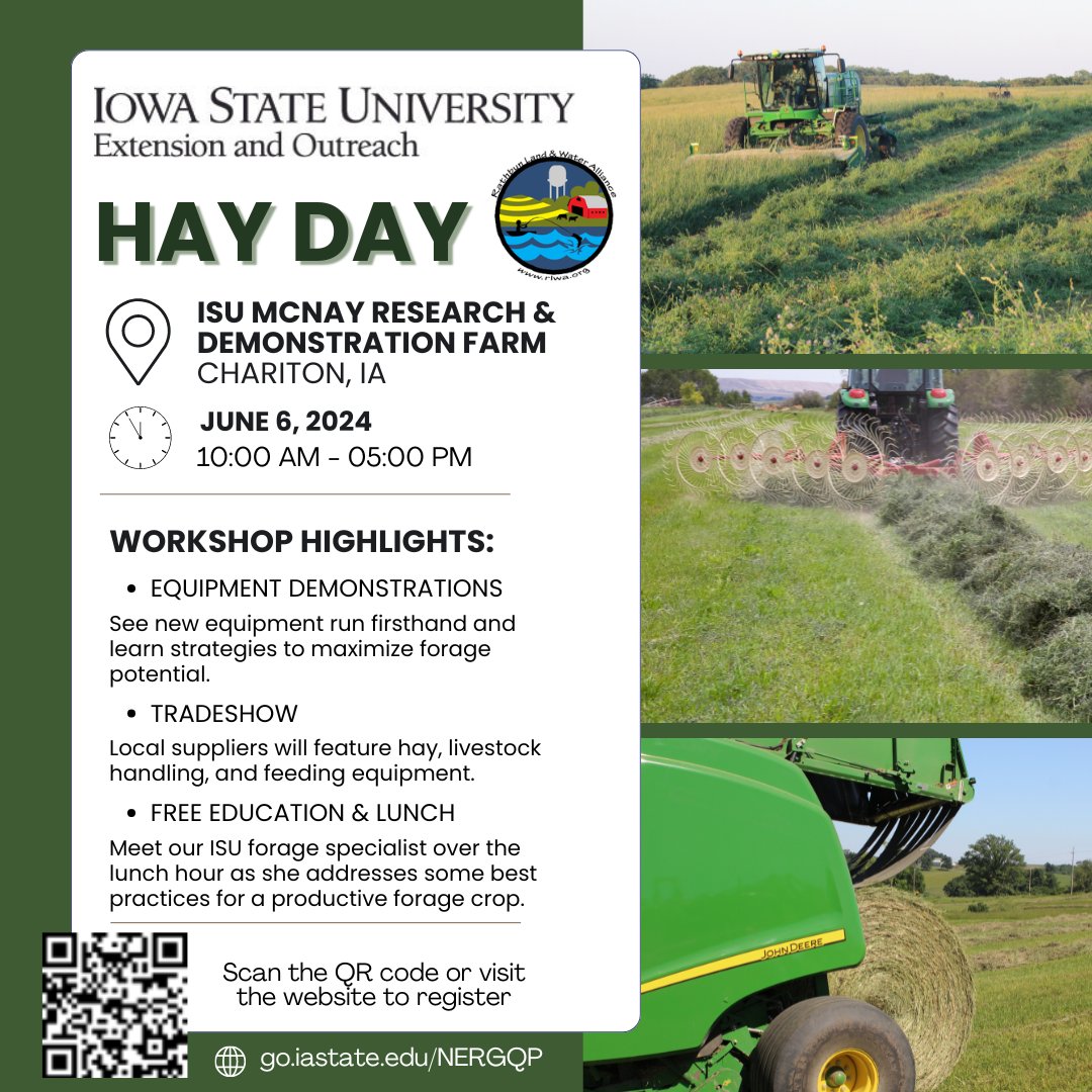 Join us June 6 at the McNay Research Farm for our NEW Hay Day event: 👉 Mowing, tedding, raking, & bailing demos 👉Trade show featuring hay, feeding, and livestock working equipment 👉Session on optimizing forage production More info: crops.extension.iastate.edu/hay-day-mcnay-0