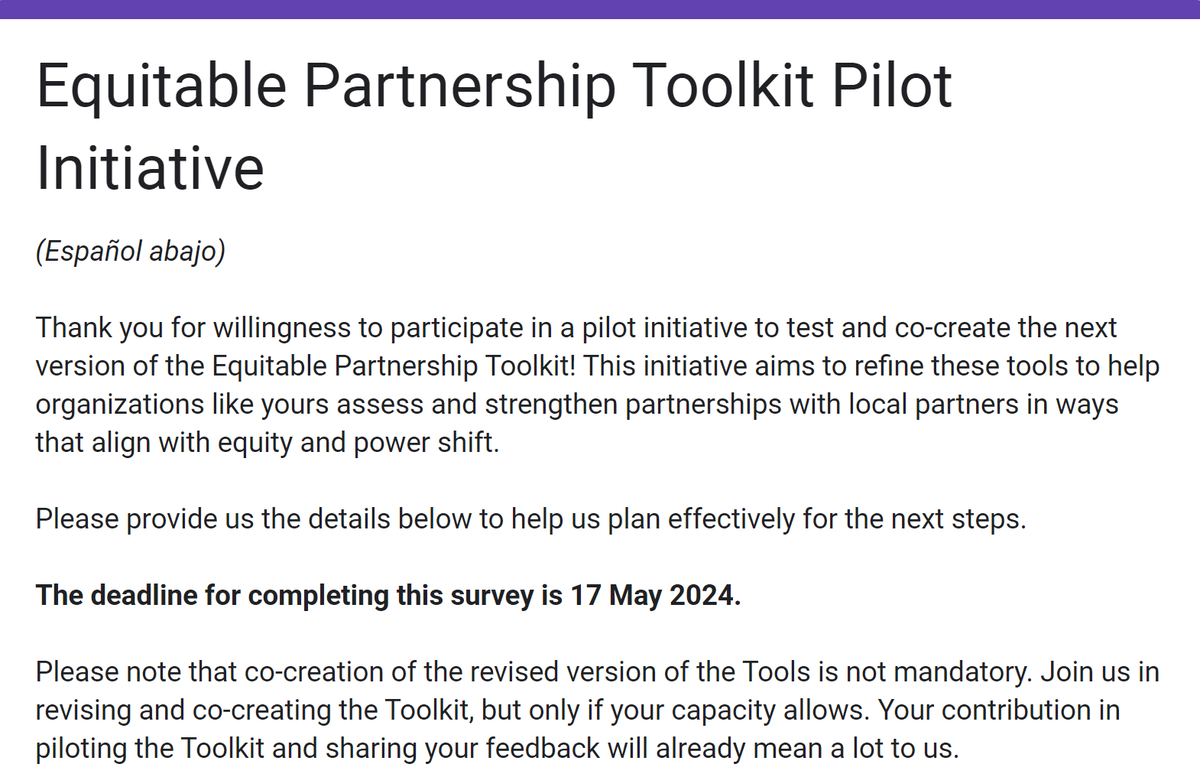💡Our member, @asylumaccess is inviting INGOs, as well as local NGOs & RLOs with their INGO partners, to participate in an initiative to pilot the Equitable Partnerships Accountability Toolkit.

Complete a survey to express interest by 17 May 2024👇
docs.google.com/forms/d/e/1FAI…
#NGOs