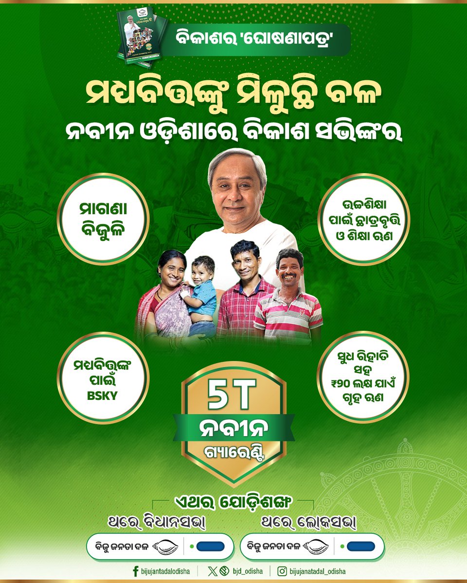 ମଧ୍ୟବିତ୍ତ ଆମ ମେରୁଦଣ୍ଡ। ନବୀନ ଓଡ଼ିଶାରେ ମଧ୍ଯବିତ୍ତ ସାଜୁଛନ୍ତି ବିକାଶର କର୍ଣ୍ଣଧାର। ସଶକ୍ତ, ସମୃଦ୍ଧ ଓ ଆତ୍ମନିର୍ଭର ହୋଇ ଲେଖୁଛନ୍ତି ଗାଥା ନୂଆ ଓଡ଼ିଶାର। ଏଥର ଯୋଡ଼ିଶଙ୍ଖ ଶଙ୍ଖ ଚିହ୍ନରେ ଆଶୀର୍ବାଦ କରନ୍ତୁ #JodiShankha #NabinOdisha #5TGuarantee