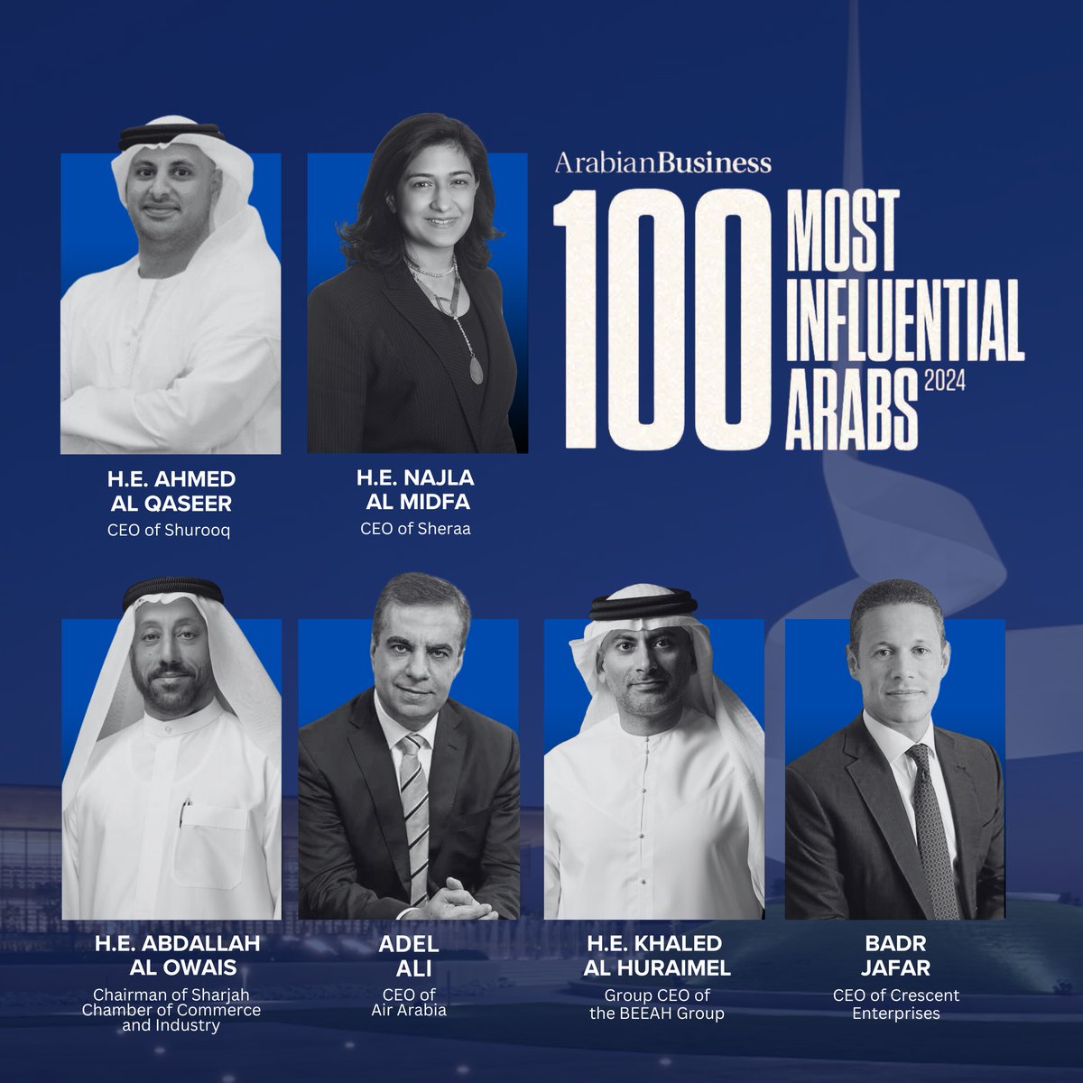 Proud to celebrate the remarkable Sharjah leaders honored among the 100 Most Influential Arabs in 2024! Their exceptional achievements and commitment reflect the emirate's spirit of innovation and progress. arabianbusiness.com/powerlists/100…