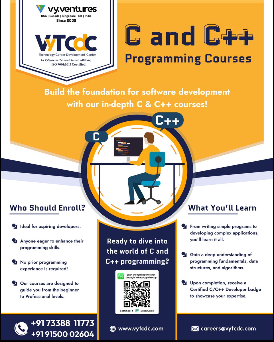 Embark on your coding journey with VyTCDC's C & C++ courses! 

From beginner to pro, master programming fundamentals, data structures & algorithms. 

Enroll now! : vytcdc.com/tcdc-contact-u…

#vytcdc #CProgramming #Cpp #Coding #Courses