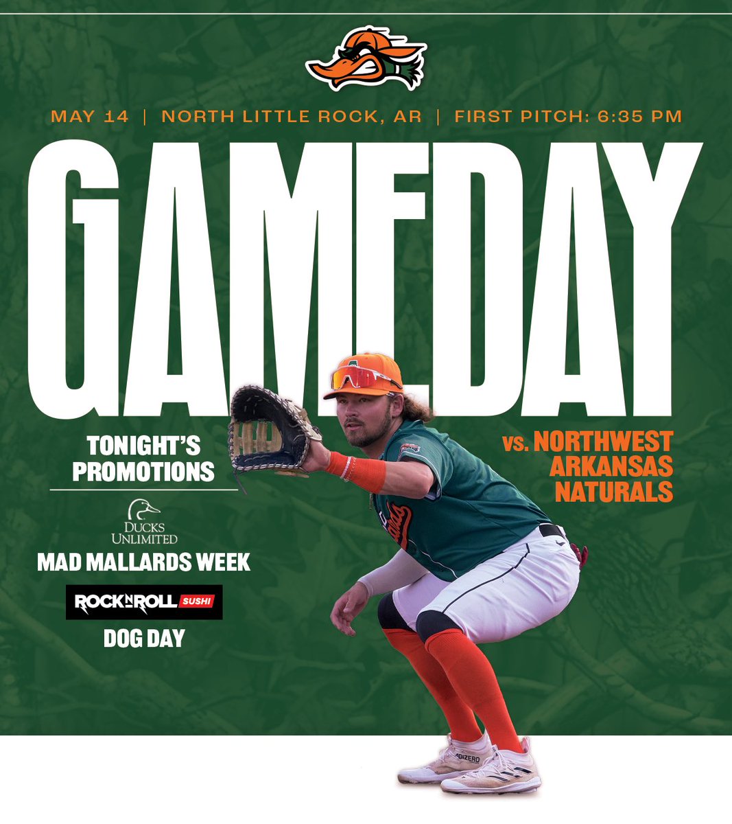 The Natural State Showdown starts TONIGHT! 💎 Thanks to @DucksUnlimited, the Mad Mallards will be taking on the Northwest Arkansas Naturals all week! Tonight is also our first Dog Day of the week, presented by Rock N’ Roll Sushi. 🎟️: milb.com/arkansas/ticke…