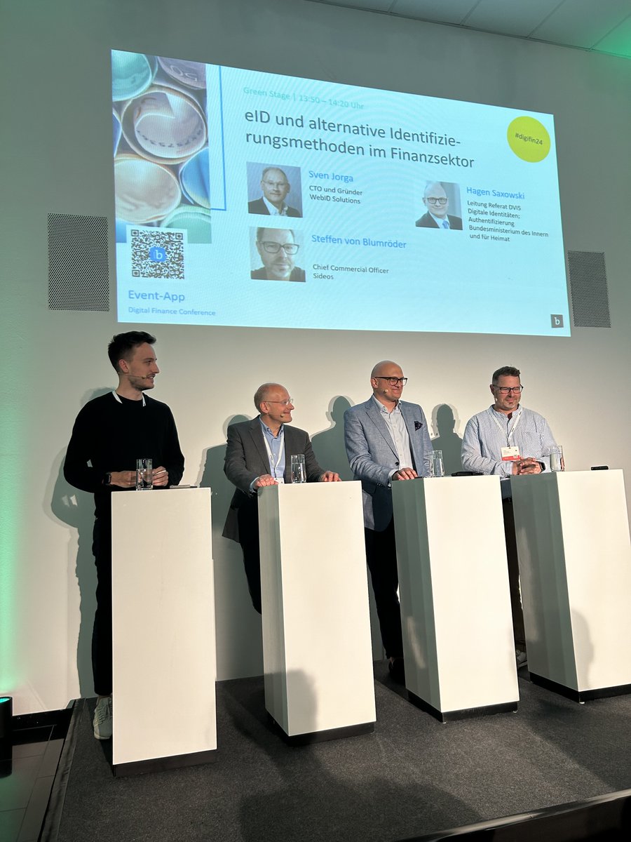 Bitkom_Finance (@bitkom_finance) on Twitter photo Wie kann die Akzeptanz der #eID gesteigert werden? Diskutiert mit <a href="/h_saxowski/">Hagen Saxowski</a> (<a href="/BMI_Bund/">Bundesministerium des Innern</a>), Sven Jorga (@WebID_Solutions) & <a href="/SvBlumroeder/">SteffenvonBlumroeder</a> (<a href="/Sideosio/">sideos</a>) die Zukunft des Finanzsektors auf der #digifin24. Wie kann die Akzeptanz der #eID gesteigert werden? Diskutiert mit <a href="/h_saxowski/">Hagen Saxowski</a> (<a href="/BMI_Bund/">Bundesministerium des Innern</a>), Sven Jorga (@WebID_Solutions) & <a href="/SvBlumroeder/">SteffenvonBlumroeder</a> (<a href="/Sideosio/">sideos</a>) die Zukunft des Finanzsektors auf der #digifin24.