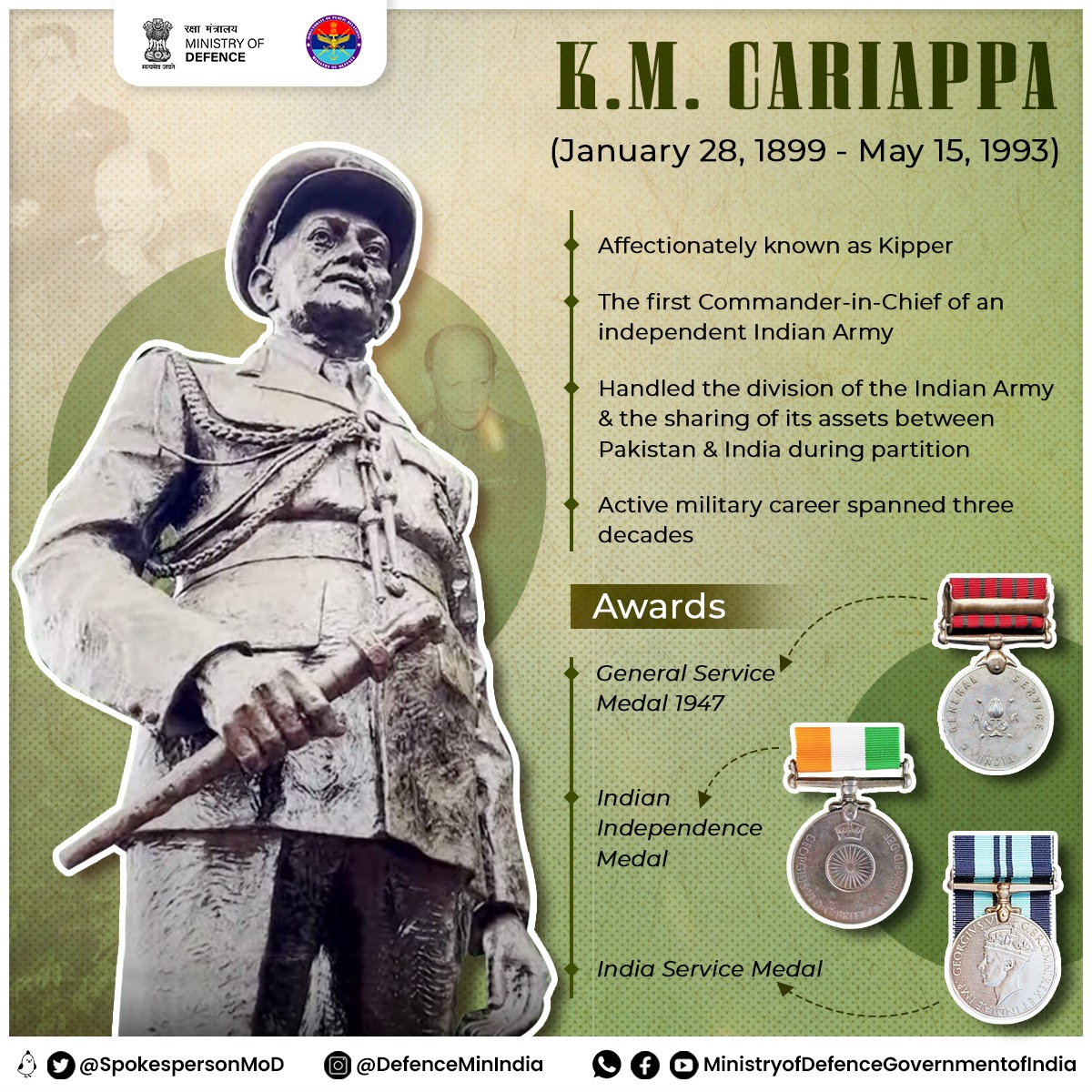 Remembering Field Marshal K.M. Cariappa, the first Commander-in-Chief of the Indian Army on his 31st death anniversary. During partition, he handled the division of the Indian Army & the sharing of its assets between Pakistan and India, in a most amicable, just, & orderly manner.