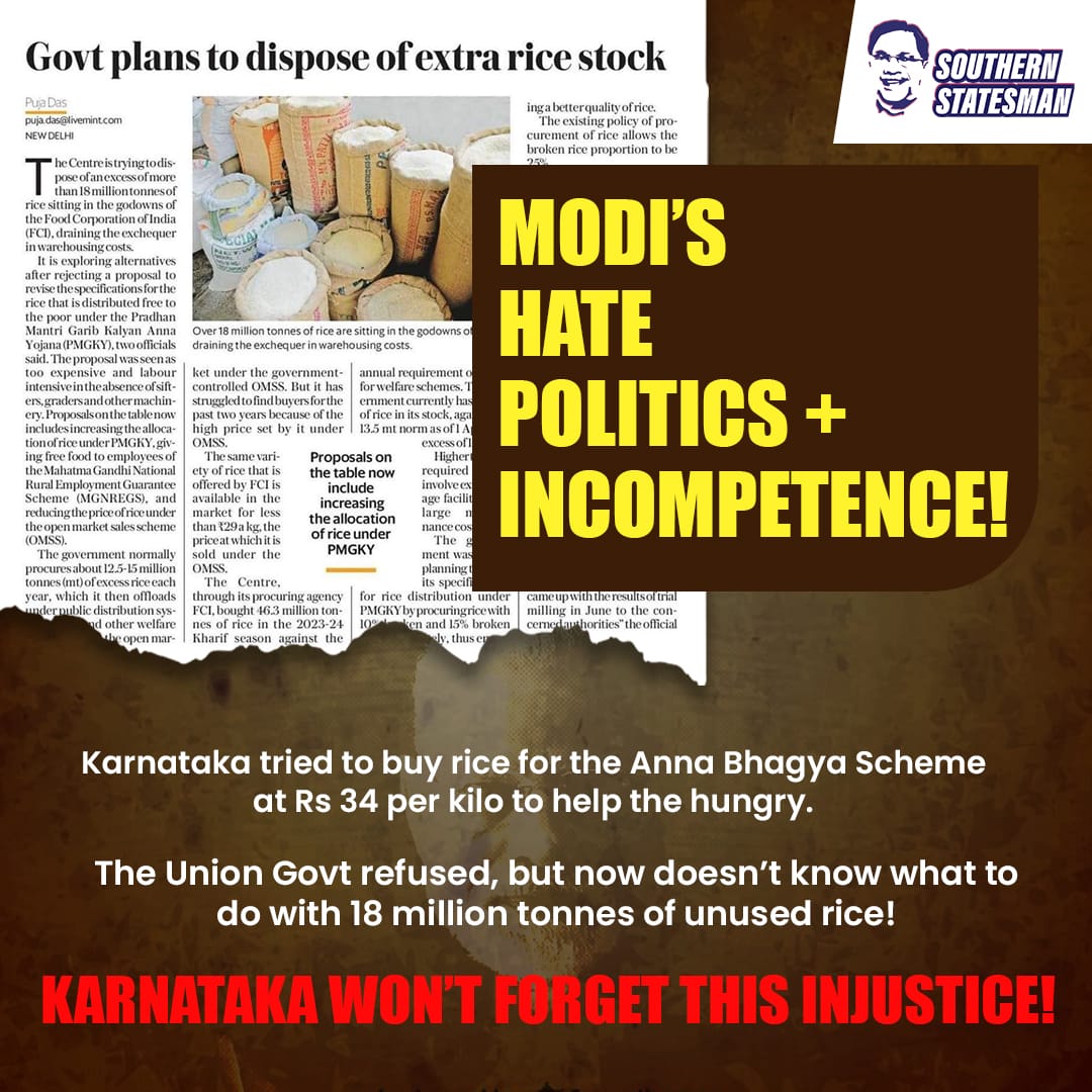 Exposing the truth behind the politics of neglect!

While Karnataka attempted to procure rice at ₹34/kg to fuel the #AnnaBhagya Scheme, the Union Government turned a blind eye. 

Now, 18 million tonnes of rice lay unused.

We won’t let this injustice fade!

#AnswerMadiModi