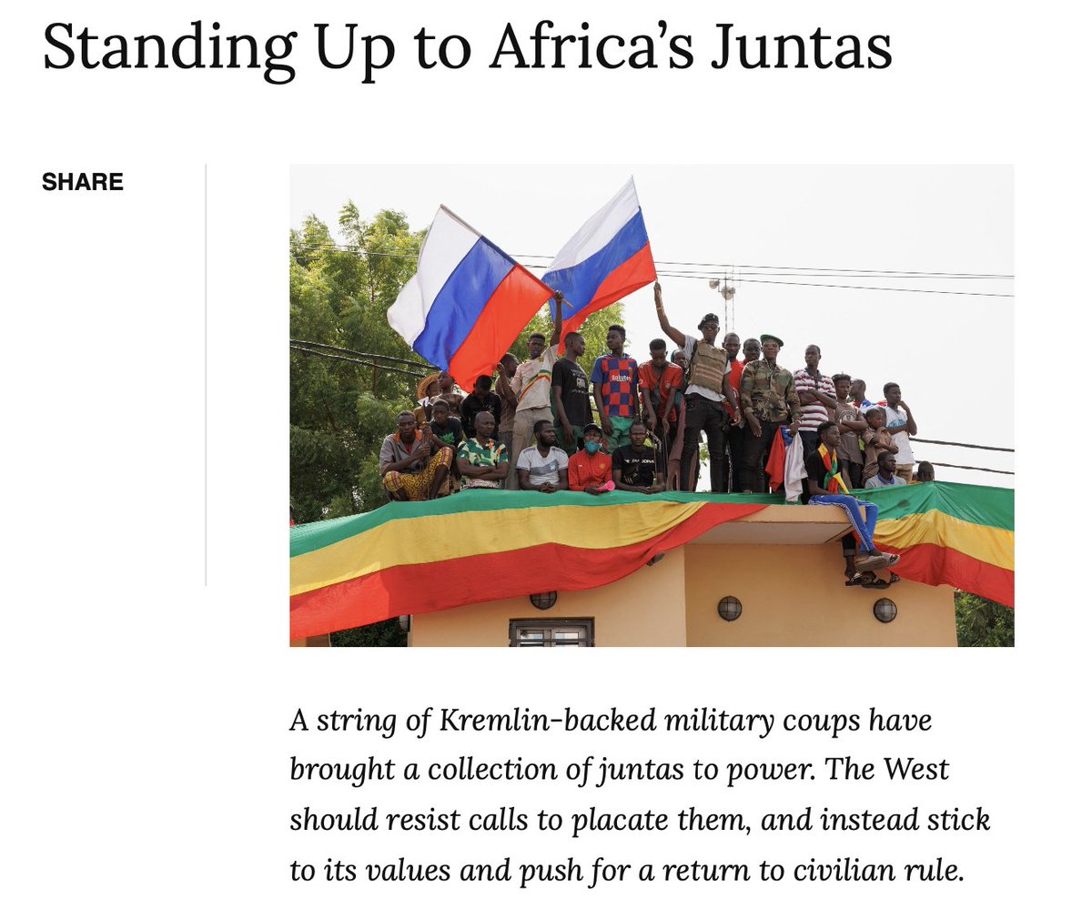 The argument that we must accommodate Africa's juntas is nonsense. Security, economic and migration interests have all deteriorated under their rule. Further compromise will magnify these trends and embolden coup leaders. My co-authored @JoDemocracy essay: journalofdemocracy.org/online-exclusi…