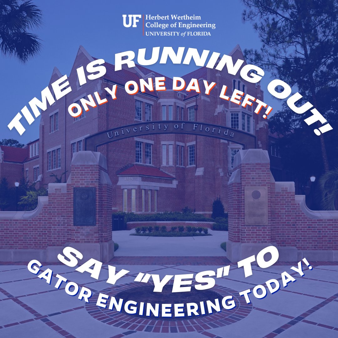 ATTENTION INCOMING FRESHMEN!🚨 Application decisions are officially due TOMORROW, May 15! Don't wait! We want YOU to join our next class of #GatorEngineering students. Visit eng.ufl.edu/startyourjourn… today and commit to @UF and @UFWertheim!