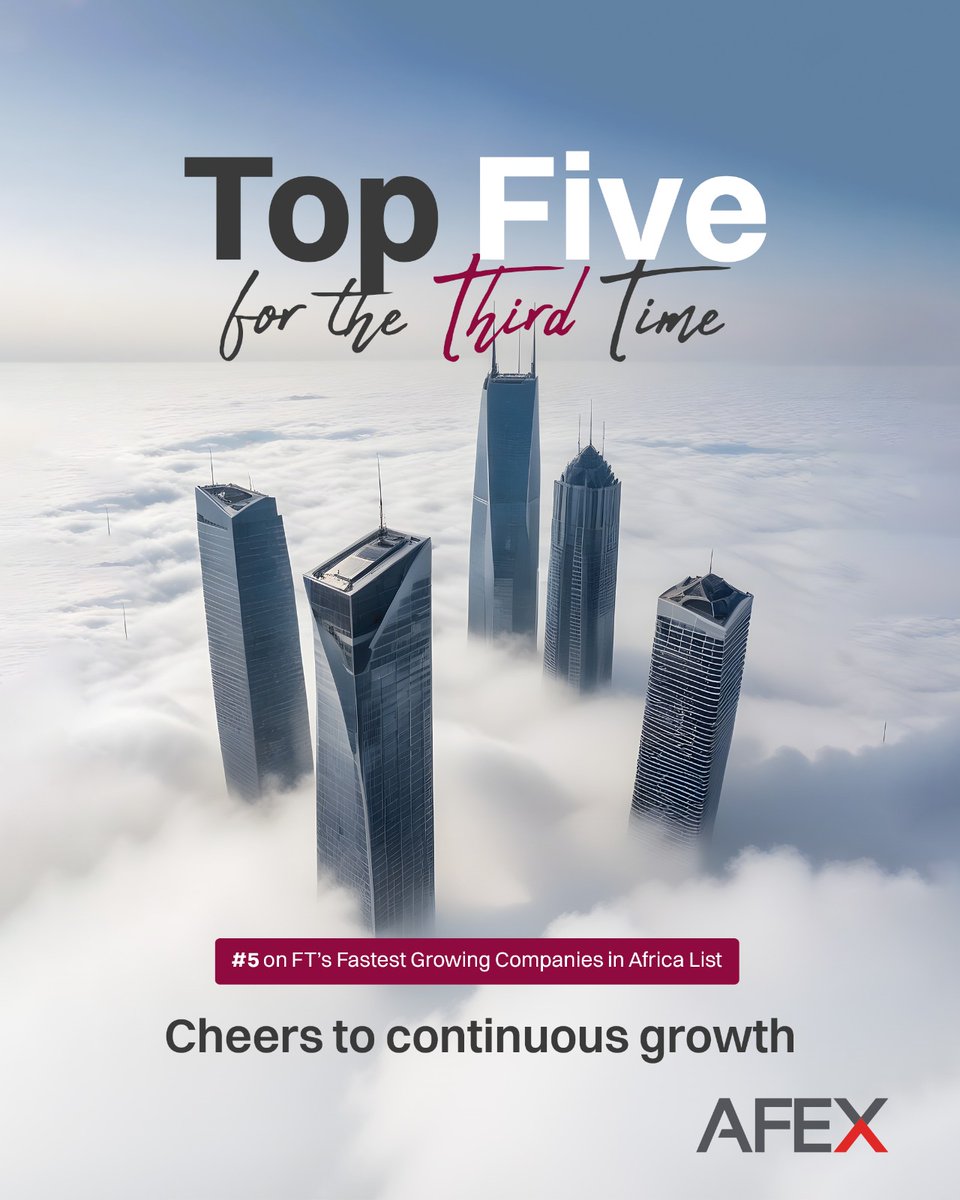 AFEXNigeria's tweet image. Another win in the books!!! 🎊🎊

We are thrilled to announce that we’ve been ranked fifth on the Financial Times @FT list of Africa’s Fastest Growing Companies. 

This is the third year amongst the top 5 companies making waves in Africa. We are proud of the impact we have made…