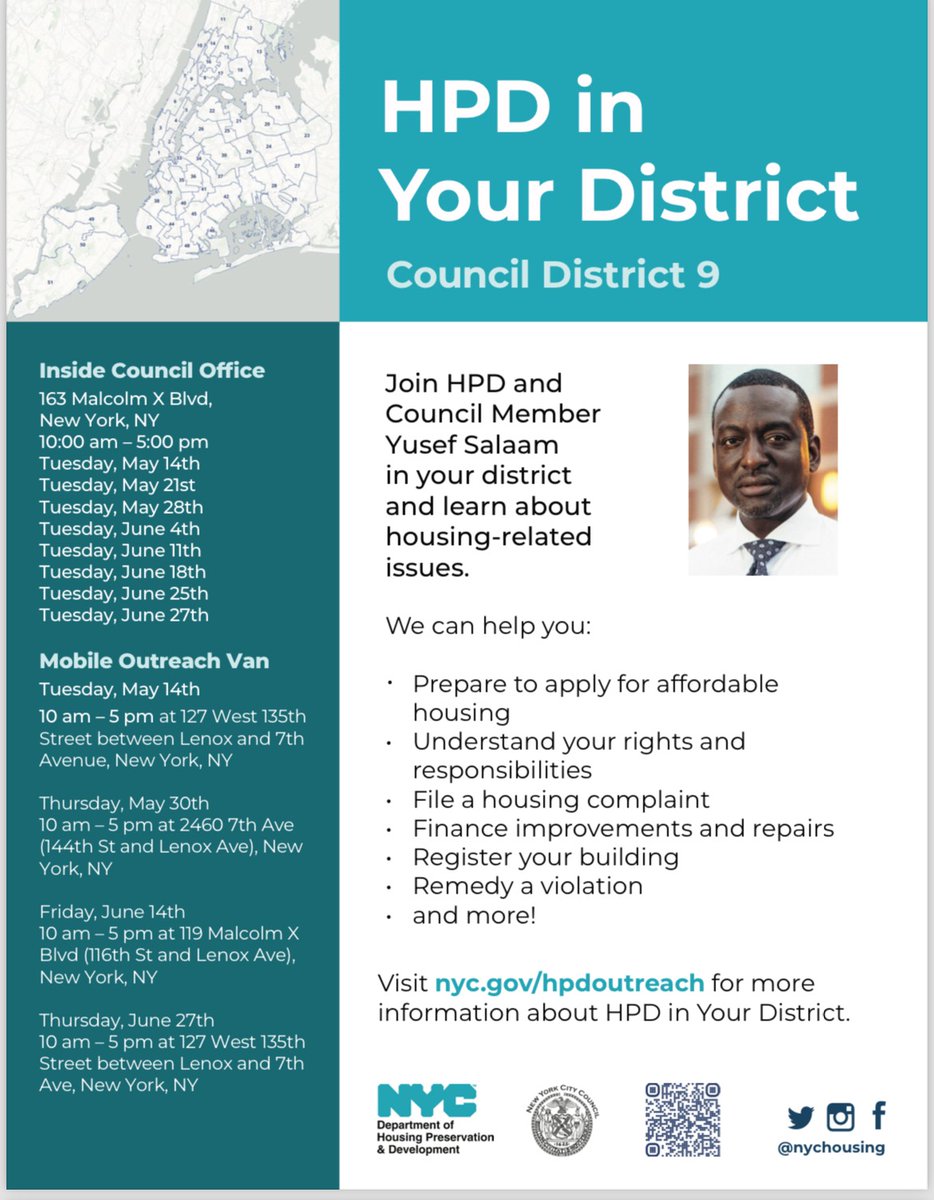Hi Harlem! Happy Tuesday!! FYI the HPD Van is in front of my buildings today (127 West 135th Street) So if you have issues with your unit or other questions, stop by. Van provided by CM @dr_yusefsalaam