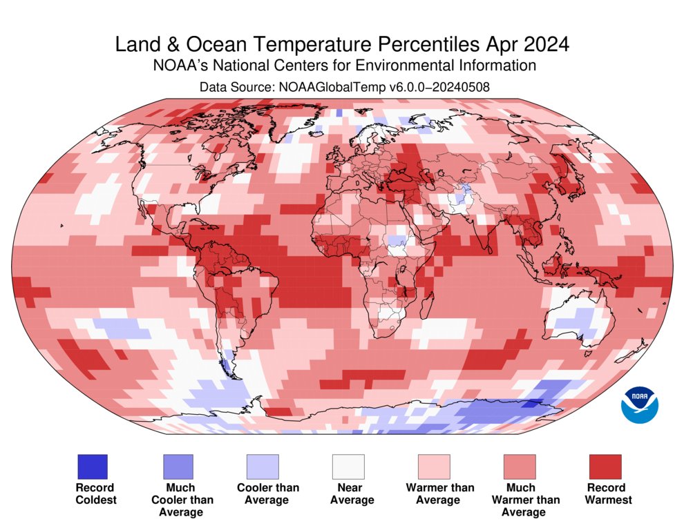 .@NOAA: April 2024 was Earth’s warmest April on record and the world's 11th-consecutive month of record-breaking warmth. Get the latest global April 2024 #climate report: bit.ly/3yiJzZs #StateOfClimate