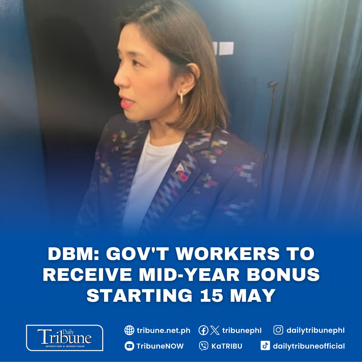 Government employees can expect a boost in their paychecks as the Department of Budget and Management (DBM) announced the release of their mid-year bonus starting 15 May. Read more at: tribune.net.ph/2024/05/14/dbm…