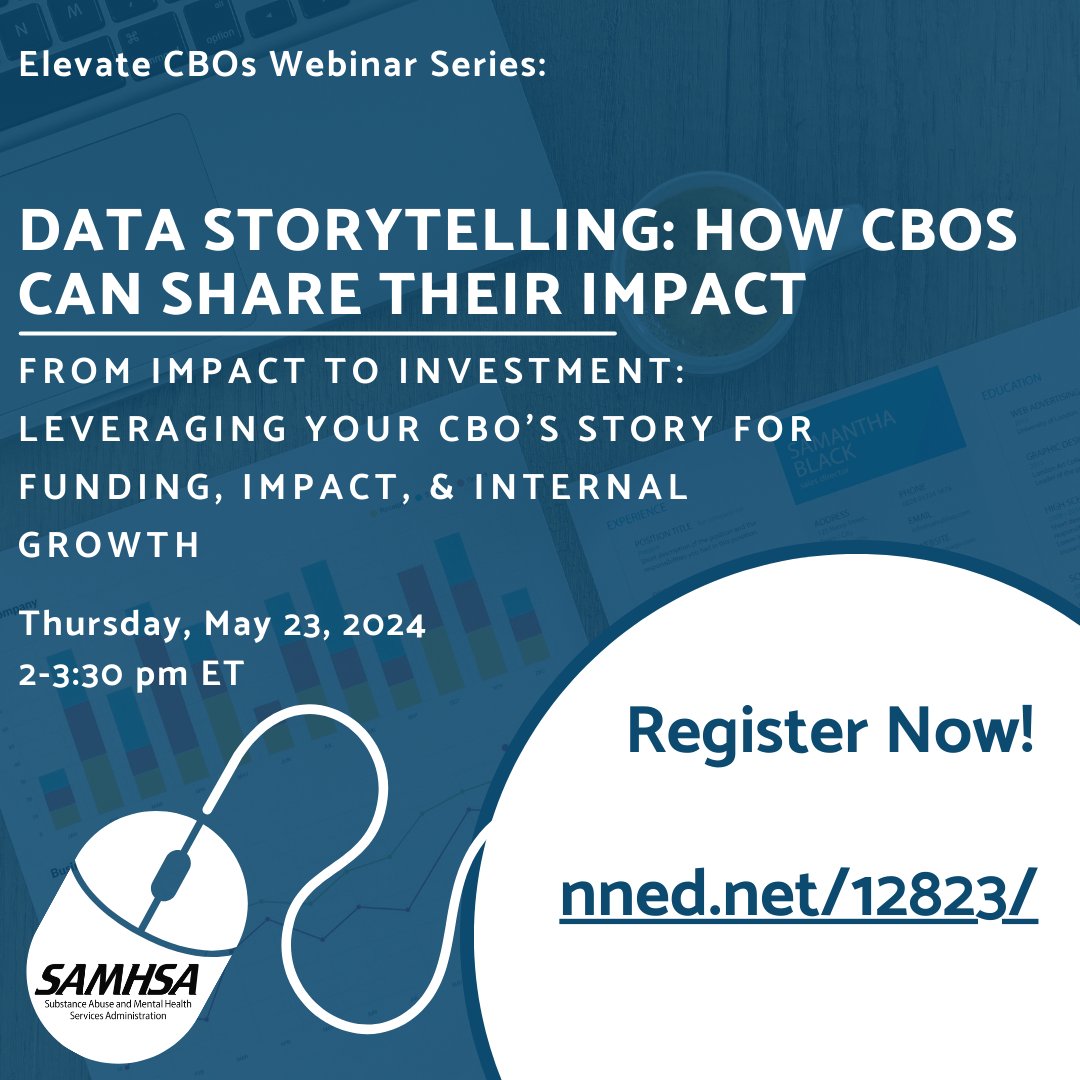 Join @SAMHSA on May 23, 2-3:30 pm ET for the final session of Elevate CBOs #workshop series. Enhance your storytelling for funders, demonstrate impact with data, and excel in grant proposals. Elevate your fundraising strategy! Register now:loom.ly/kBK_TtA