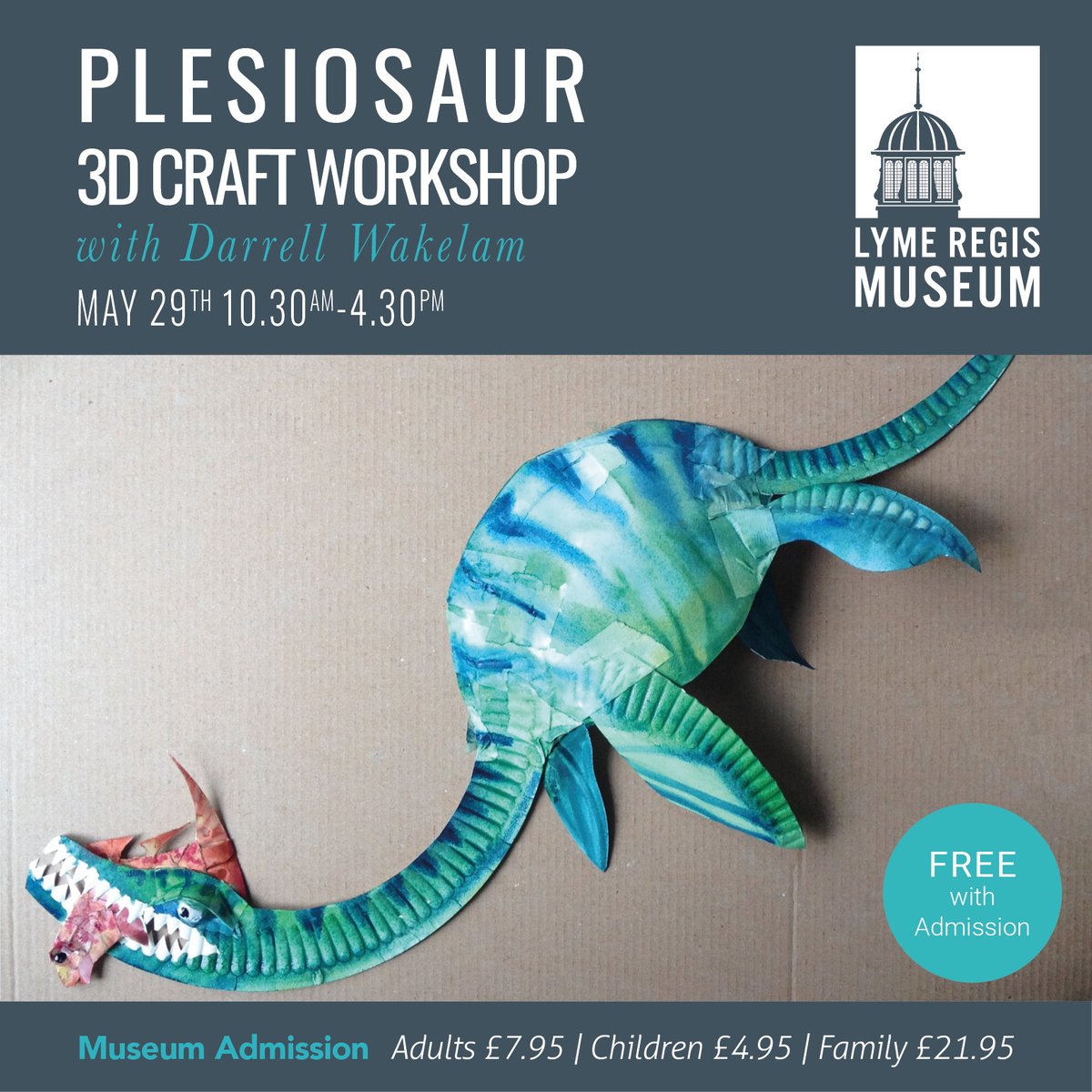 This half term, come and celebrate the 200th anniversary of Mary Anning's plesiosaur discovery by visiting our new 'Plesiosaurus 200' exhibition and then dropping into @DarrellWakelam's 3D modelling workshop to make your very own plesiosaur to take home! A great family day out!