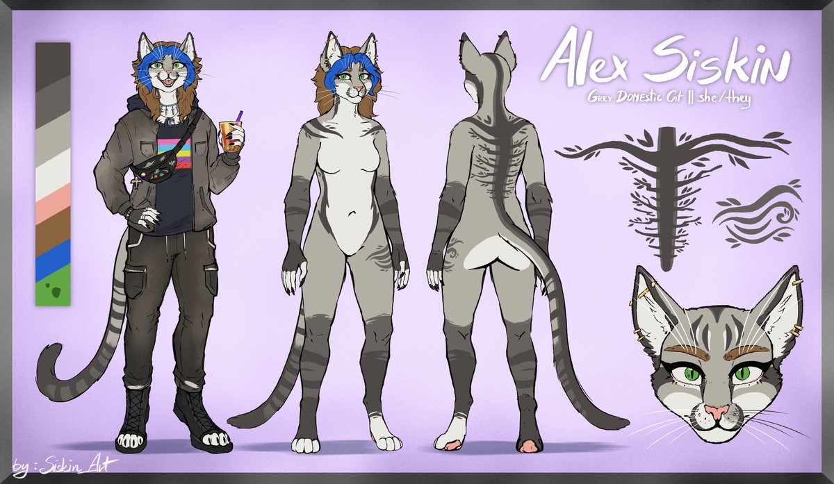 Hello, I'm Alex, I do art, sometimes stream, and here is my cat sona ref sheet <3