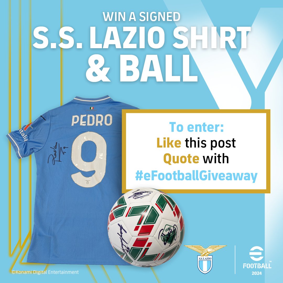 Welcome to the eFootball Summer of Giveaways 😎

Time to win some awesome football merch! 👕

Week 1: An SS Lazio bundle of a team-signed ball and a Pedro signed shirt 🌟

To enter:
❤️ Like this post
➕Follow @play_eFootball
♻️ QRT with hashtag

#eFootballGiveaway