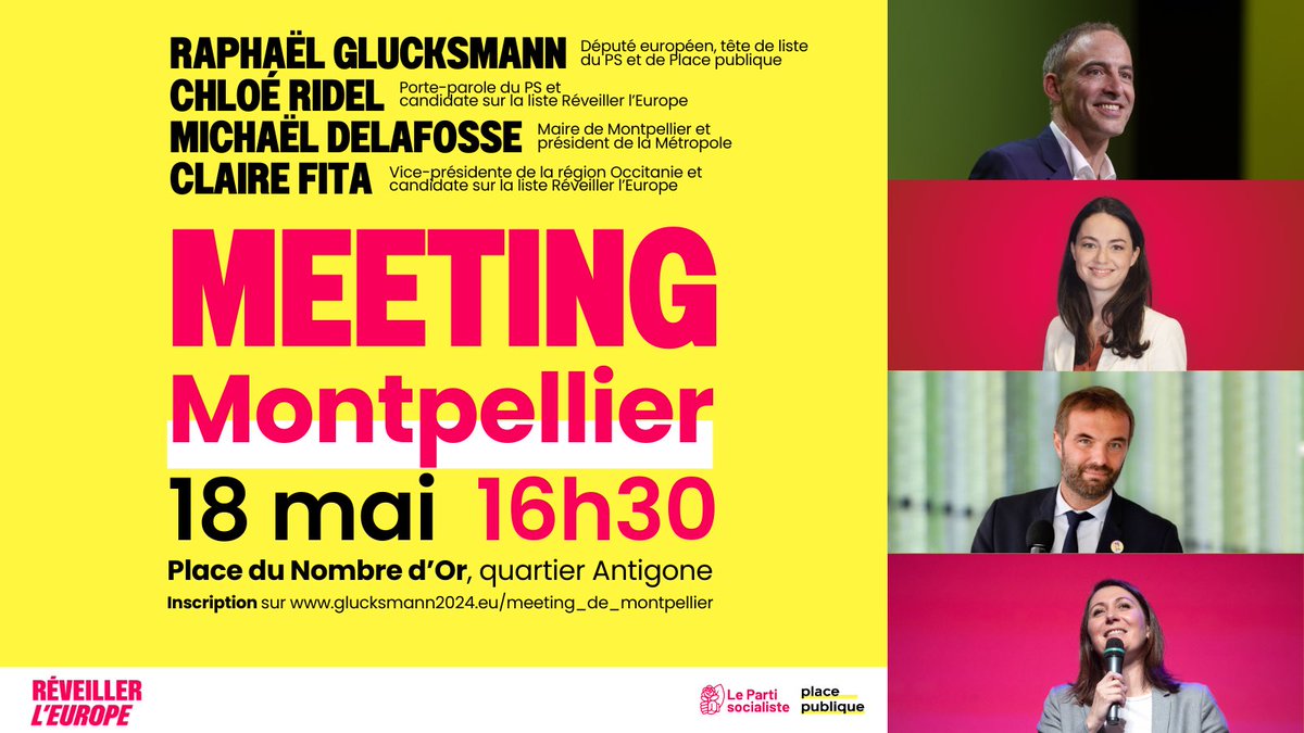 Ce samedi 18 mai, nous allons #RéveillerLEurope à #Montpellier sur la place du nombre d’or (Antigone)

Inscrivez-vous ici👇

glucksmann2024.eu/meeting_de_mon…