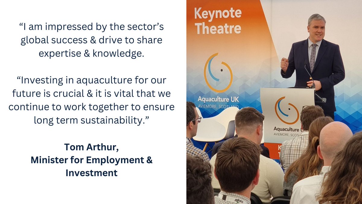 Minister for Employment and Investment @ThomasCArthur’s opening address @aquacultureuk in Aviemore today focussed on our aspirations for supporting a sustainable Scottish aquaculture sector & progress This included collaboration opportunities with stakeholders #AquacultureUK24