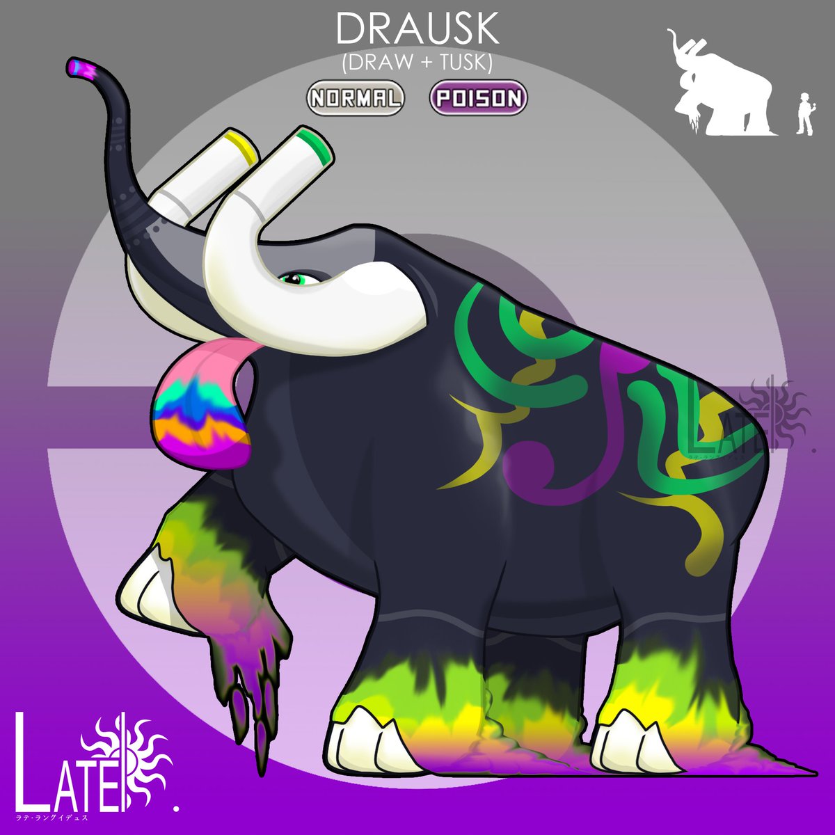 First attempt on making a fakemon

Drausk, The Spray Paint PKMN. 
From dawn 'till noon Drausk spends its time spray paint in anything it can draw on. This pkmn eats and licks color from plants and flower to refill the the paint in it's tube tusk-like horns.
#pokemonart #pokemon