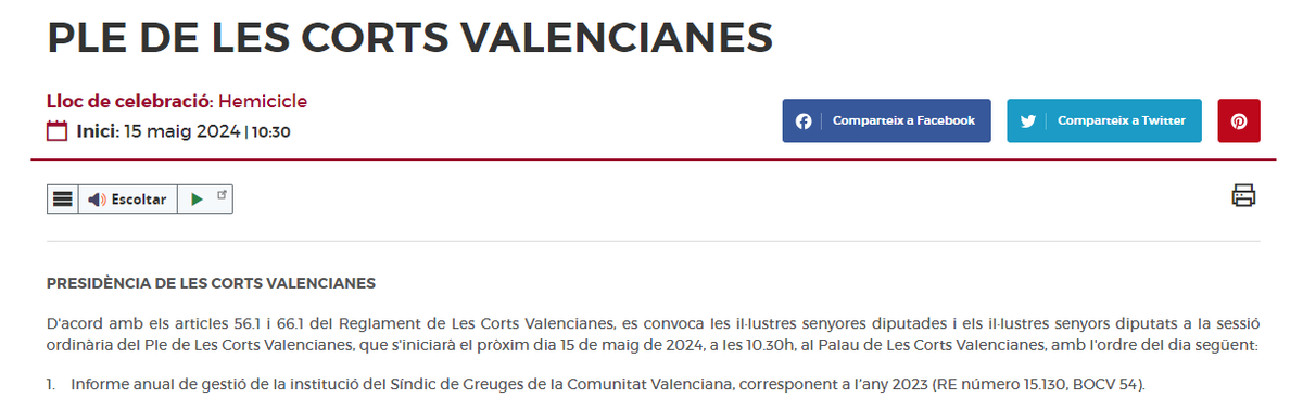 Per primera vegada en la història, demà compareixerà el síndic de Greuges davant del Ple de les @cortsval per a defendre l'informe anual de la institució, després de la reforma de la Llei del Síndic. ⏲️10.30 h