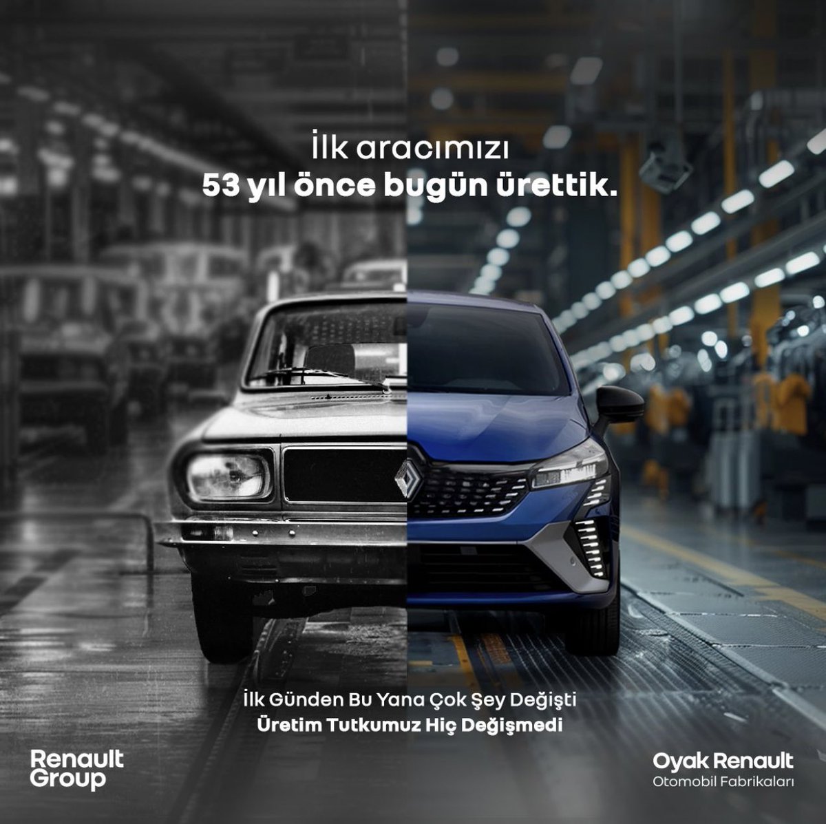 Tebrikler 👏 Oyak Renault, ilk aracını 53 yıl önce tam bugün üretmiş. (14 Mayıs 1971) O günden bu yana Bursa'da yaklaşık 8 milyon otomobil ve 7 milyon motor üretilmiş.