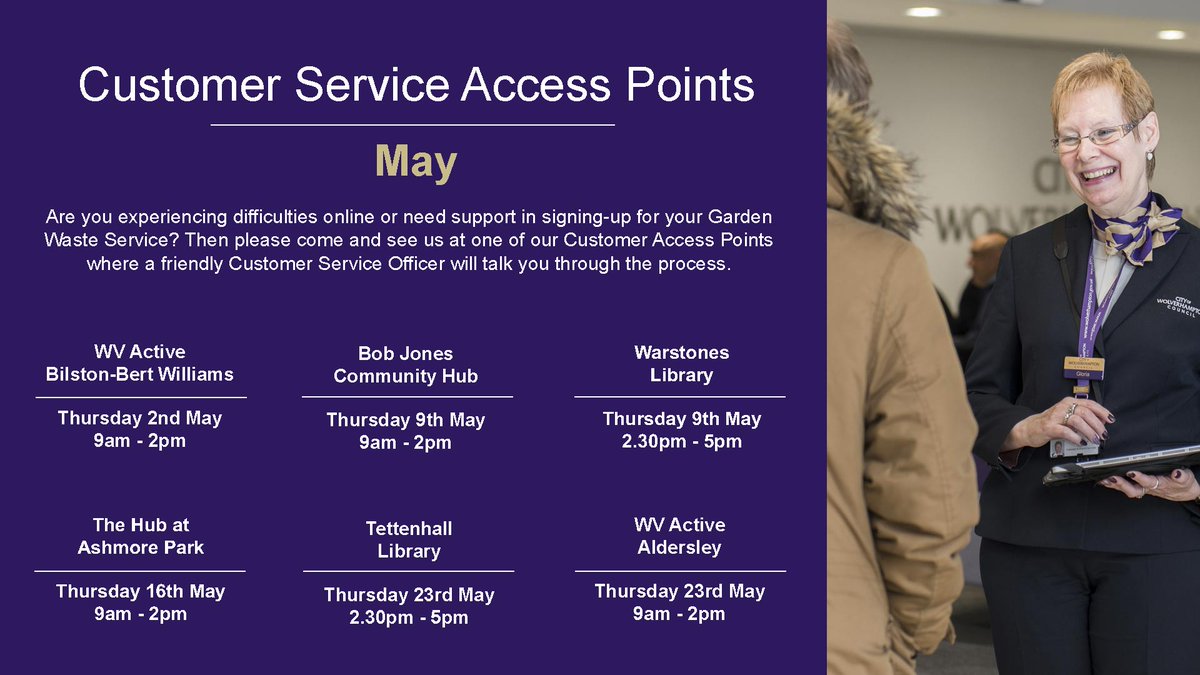 The customer service access point session this Thursday 16 May is at The Hub at Ashmore Park, 9am until 2pm, for help with council services such as digital support, schools admissions, signing up for garden waste collection or for Blue badges - orlo.uk/WsjPZ