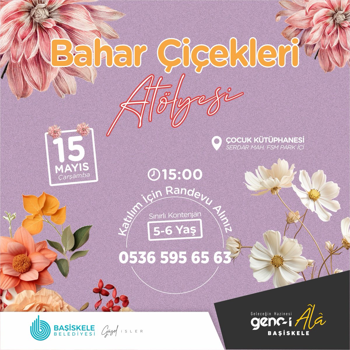 💐🌸🌷 Bahar Çiçekleri Atölyesi 📅 15 Mayıs - Çarşamba ⏰ 15:00 📌 Çocuk Kütüphanesi ☎️Katılım için ▶️ 0536 595 65 63 #BaşiskeleGüzelİşler #ÇocukKütüphanesi