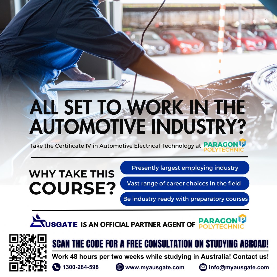 Automotive industry is ready to cater your study abroad dream in Australia! Hit this link to book FREE CONSULTATION: calendly.com/info-ausgate

#StudyInAustralia #AustralianEducation #StudyAbroadExpert #AustralianVisa #StudentVISA #InternationalStudents #StudyAbroadConsultants