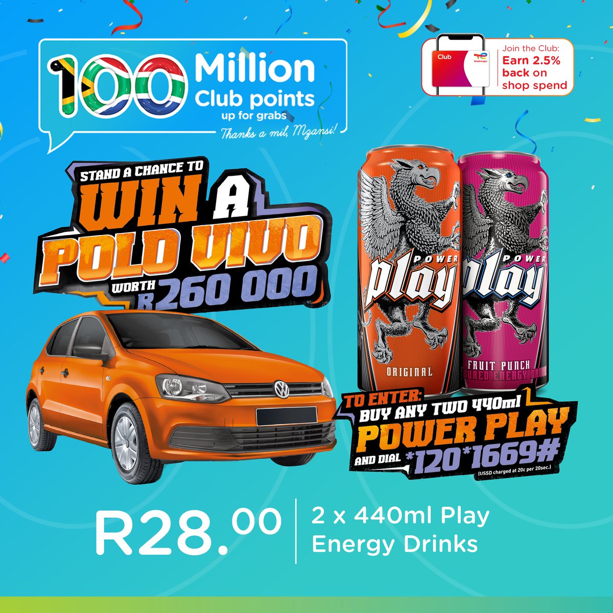 Calling on all petrol heads! @PlayEnergyDrink is putting you in the driver’s seat to win a Volkswagen Polo Vivo worth R260 000! Grab any 2 of those powerful 440ml Power Play Energy Drinks Dial *120*1669# Rev your engines! This adrenaline-pumping promotion ends on August 6th