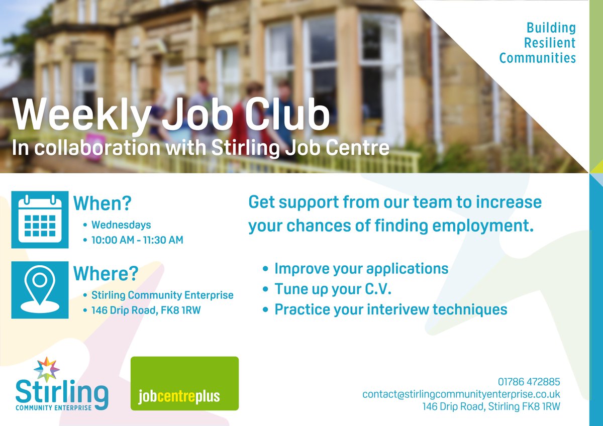 We're running a Job Club in collaboration with <a href="/JCPinScotland/">JCP in Scotland</a> !

We'll be supporting people to search and apply for the right job, tune up their CV or practice internet techniques..

To book a space, get in touch by phone or email!

#resilience
#stirling