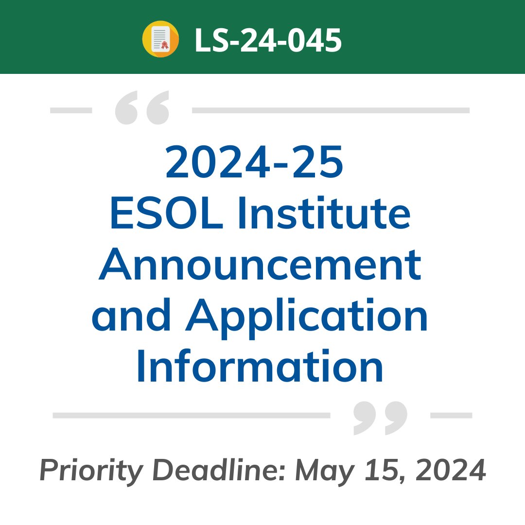 Space is still available to join an ESOL Institute for 2024-2025! The application deadline for priority consideration is Wednesday, May 15. Applications received after that date will be processed in the order they are received. Learn more at dese.link/LS-24-045.