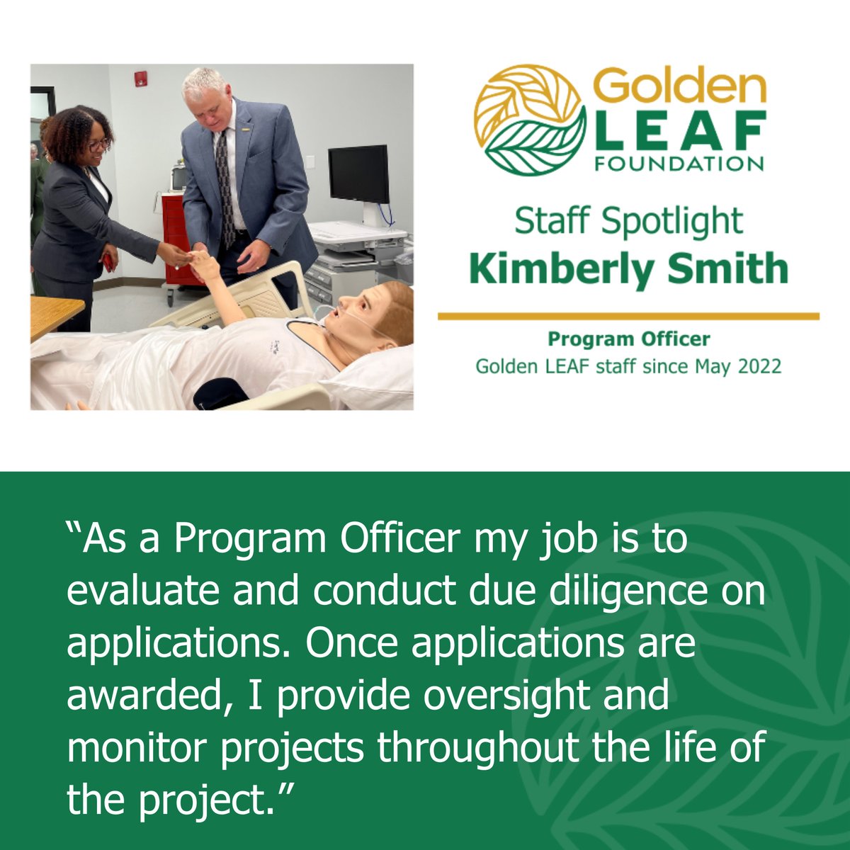 Get to know Program Officer Kimberly Smith! 'I am a product of rural eastern North Carolina and knowing that I play a small part in helping to increase economic opportunity across the state motivates me to show up with a smile.' Learn more about Kimberly: goldenleaf.org/news/staff-spo…