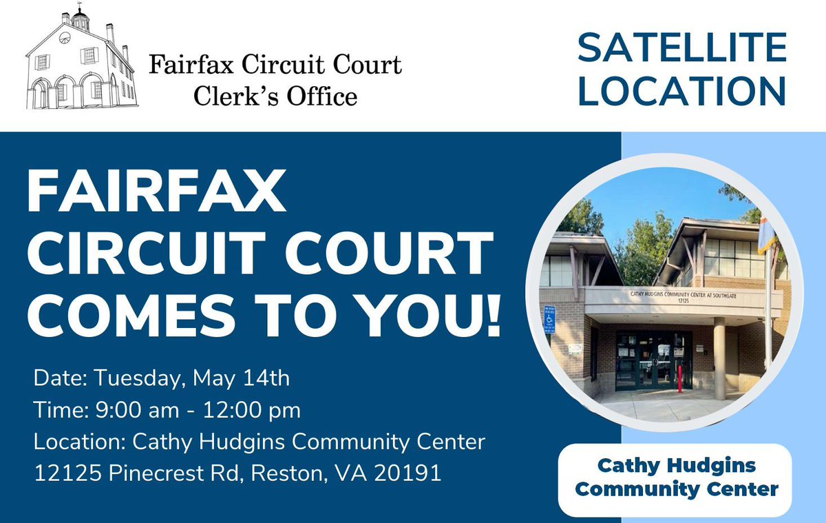 Do you need a document notarized or certified copies of court documents? Come today to the Cathy Hudgins Community Center from 9 a.m. to noon. The @ffxcircuitcourt is opening its first satellite location. More info: buff.ly/4btb552 #FairfaxCounty #NotaryServices #Reston