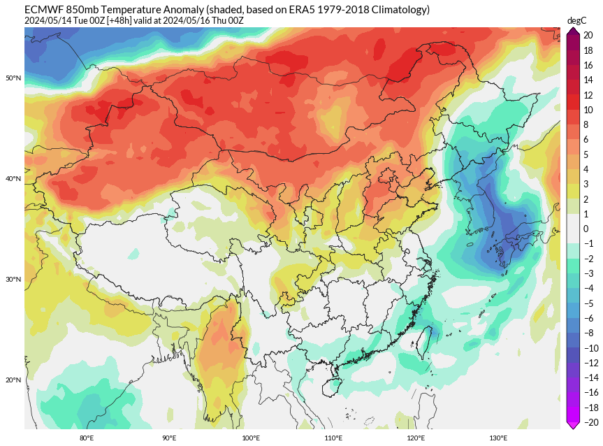 Today, dry and hot air from Central Asia entered northern China. Four provinces exceeded 35C. More than 600 stations set new highs this year. It is expected that temperature will reach 45-46C in the Turpan Basin on May 16, and will exceed 35C in eastern China. @extremetemps