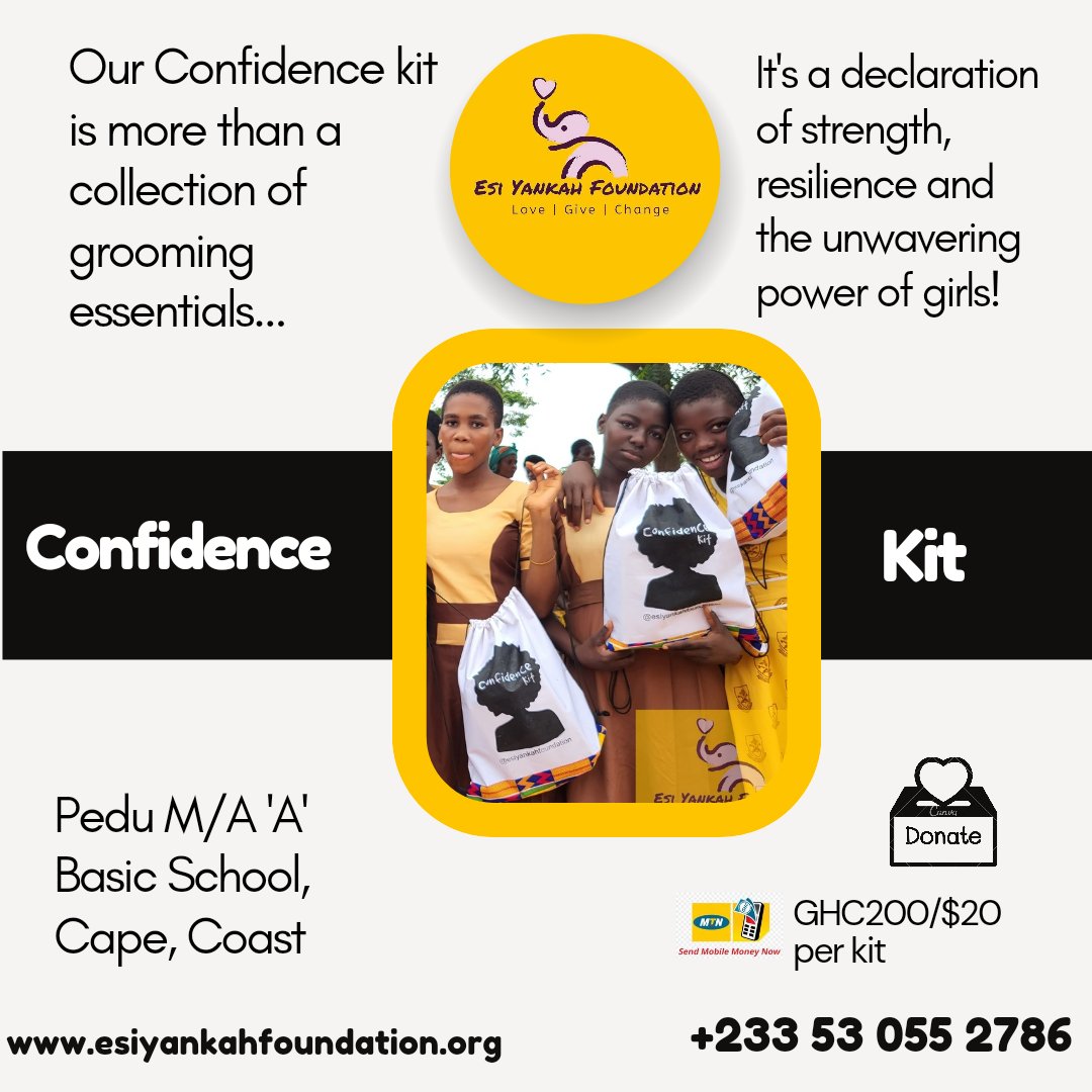 Help girls build their self-esteem and body confidence by providing essential hygiene supplies. 

We can all work together to make a difference!

#GirlsEducation #confidence kits #GiveToday #PeriodPower
#MenstrualHealth

esiyankahfoundation.org