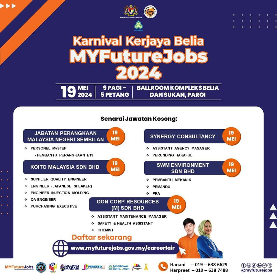 SenawangTV's tweet photo. KARNIVAL KERJAYA BELIA MYFUTUREJOB 2024 DI SEREMBAN 🔊❤️💛🖤

✅Lebih 21 majikan mengambil bahagian 
✅Lebih 3000 peluang kerja ditawarkan
✅Register https://t.co/YTcr4PMZZj

📍Ballroom Kompleks Belia &amp; Sukan Paroi
📅19 May 2024 | Ahad
⏰9:00 AM - 5:00 PM https://t.co/J0McdLvmgI
