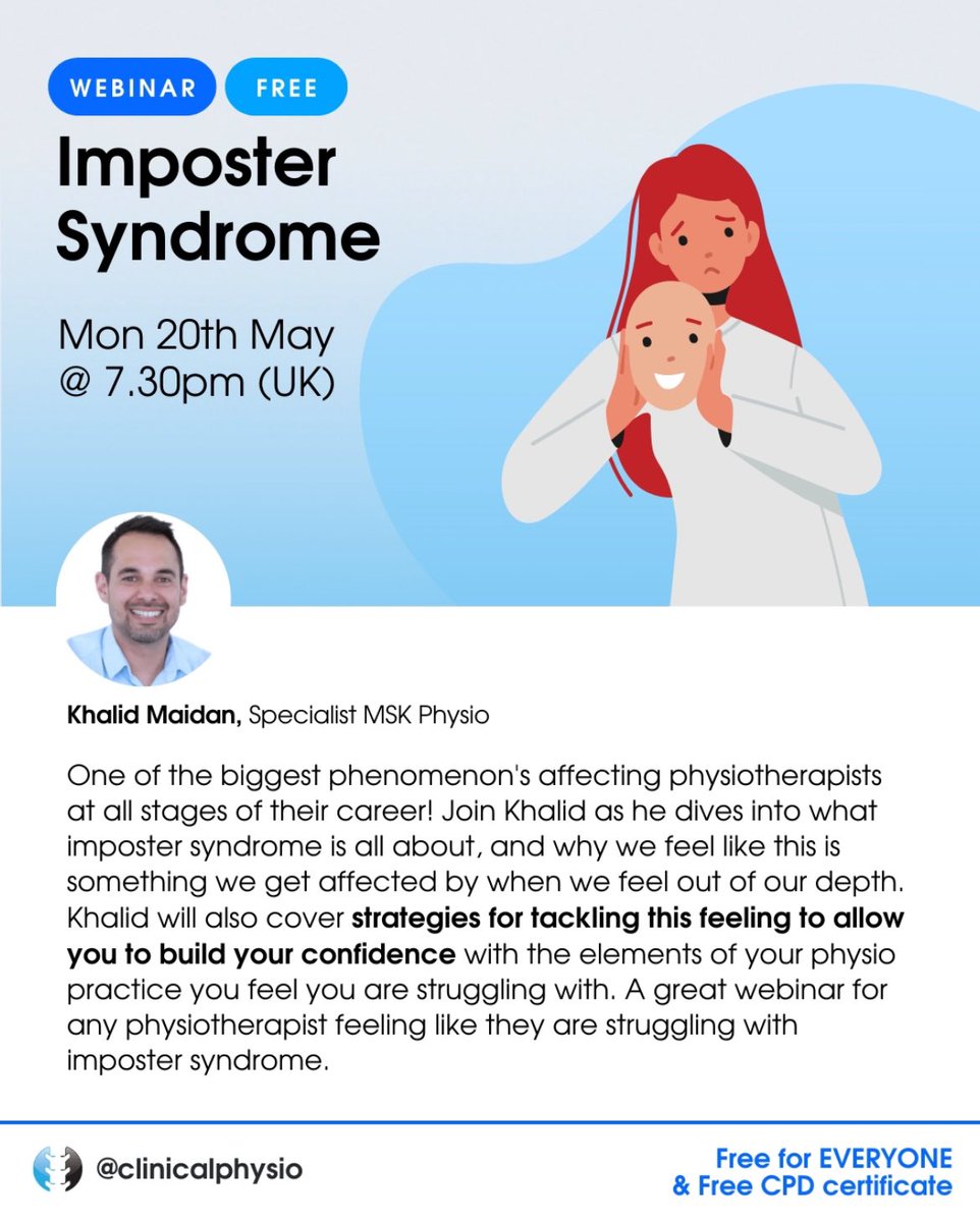 ⭐️IMPOSTER SYNDROME⭐️

➡️ 20th May @ 7.30pm (UK)
➡️ TICKETS : clinicalphysio.com/live-webinars
➡️ 72HR REPLAY

Next week's webinar means a lot to us as we know it’s something so many of you ask us about! 

FREE TO ATTEND: We want to help as many as we can!

❤️ FREE CPD - PLEASE SHARE ❤️