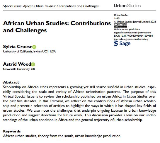 Introduction to forthcoming Virtual Special Issue by @DrAstridWood & Sylvia Croese highlights contributions made on #AfricanCities across the past 5 decades from Urban Studies journal and directs readers to ongoing challenges in African urban scholarship ow.ly/KWgR50RA4RH
