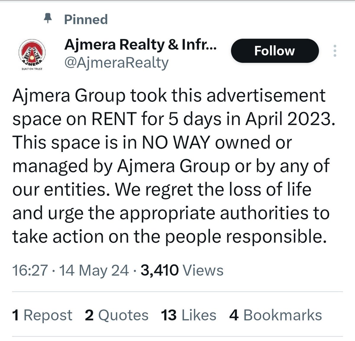 Here is a Clarification from @AjmeraRealty