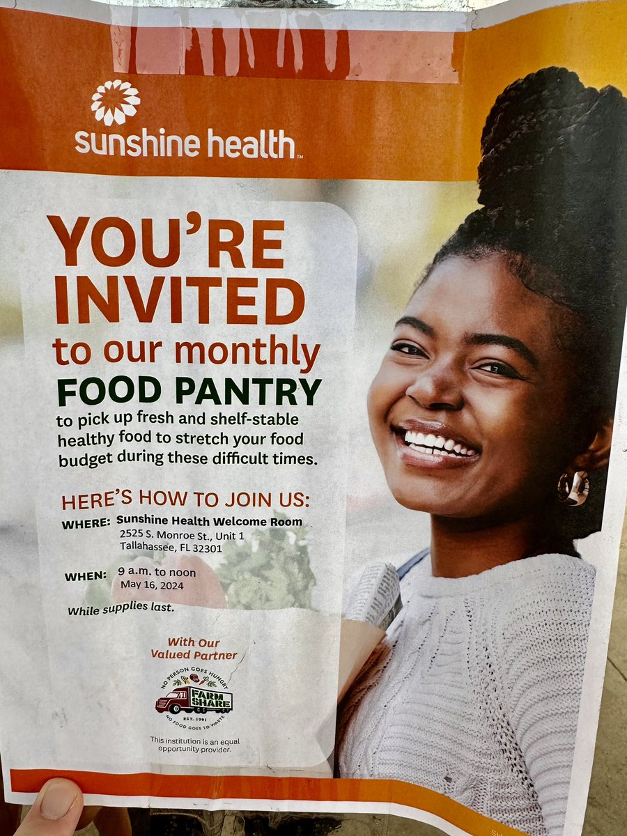 Sunshine Health is partnering with Farm Share today at 9 a.m. at theur office located at 2525 S Monroe to distribute food. They do this regularly on the third Thursday monthly but are doing this week's distribution today and Thursday to help after the Tornado. Pls share!