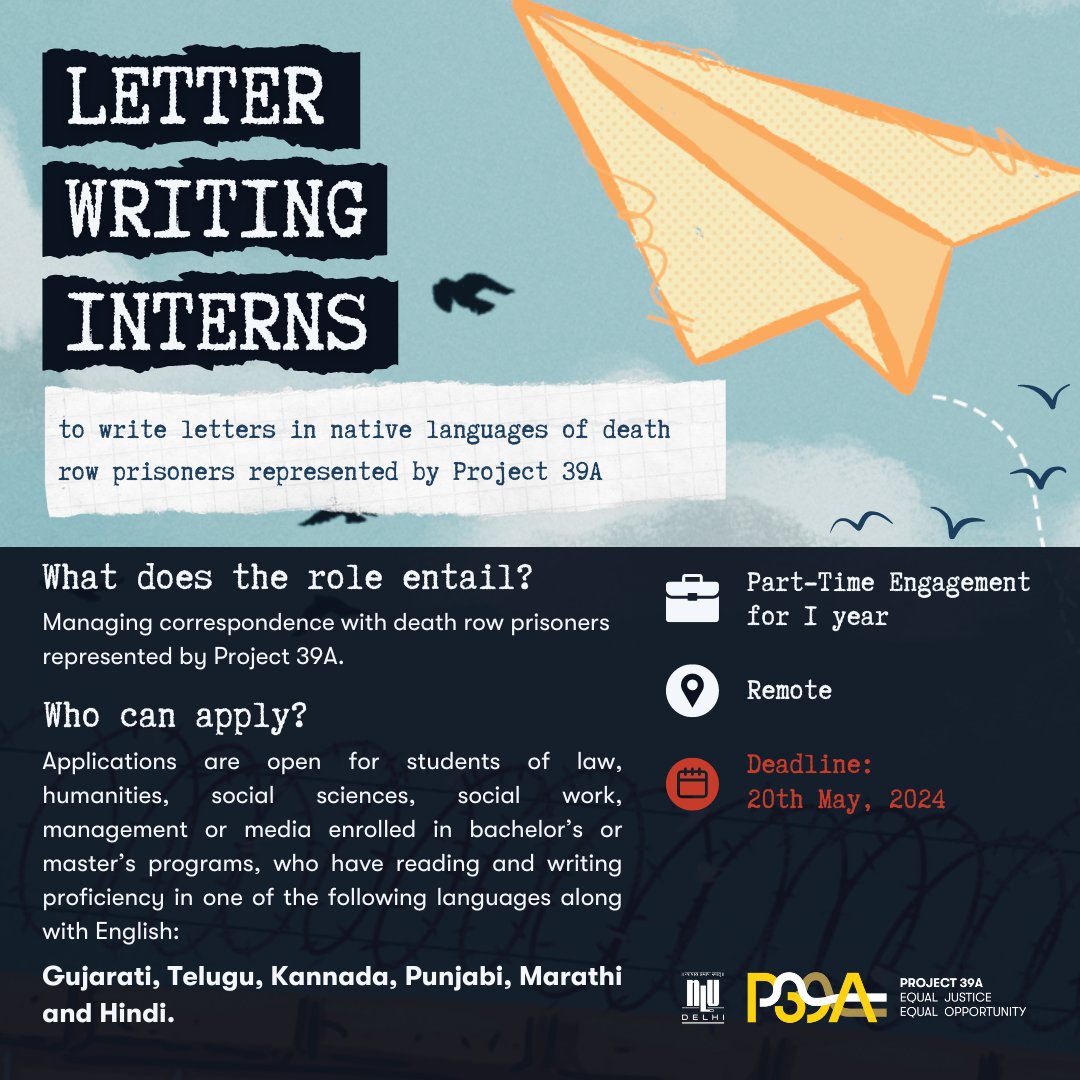 📢We are hiring! Letters are a ray of hope that allow prisoners to communicate with the outside world. Join us as letter writing interns to correspond with prisoners in Gujarati, Telugu, Kannada, Punjabi, Marathi, and Hindi. 👇Apply before 20th May 2024: bit.ly/3UCob9b