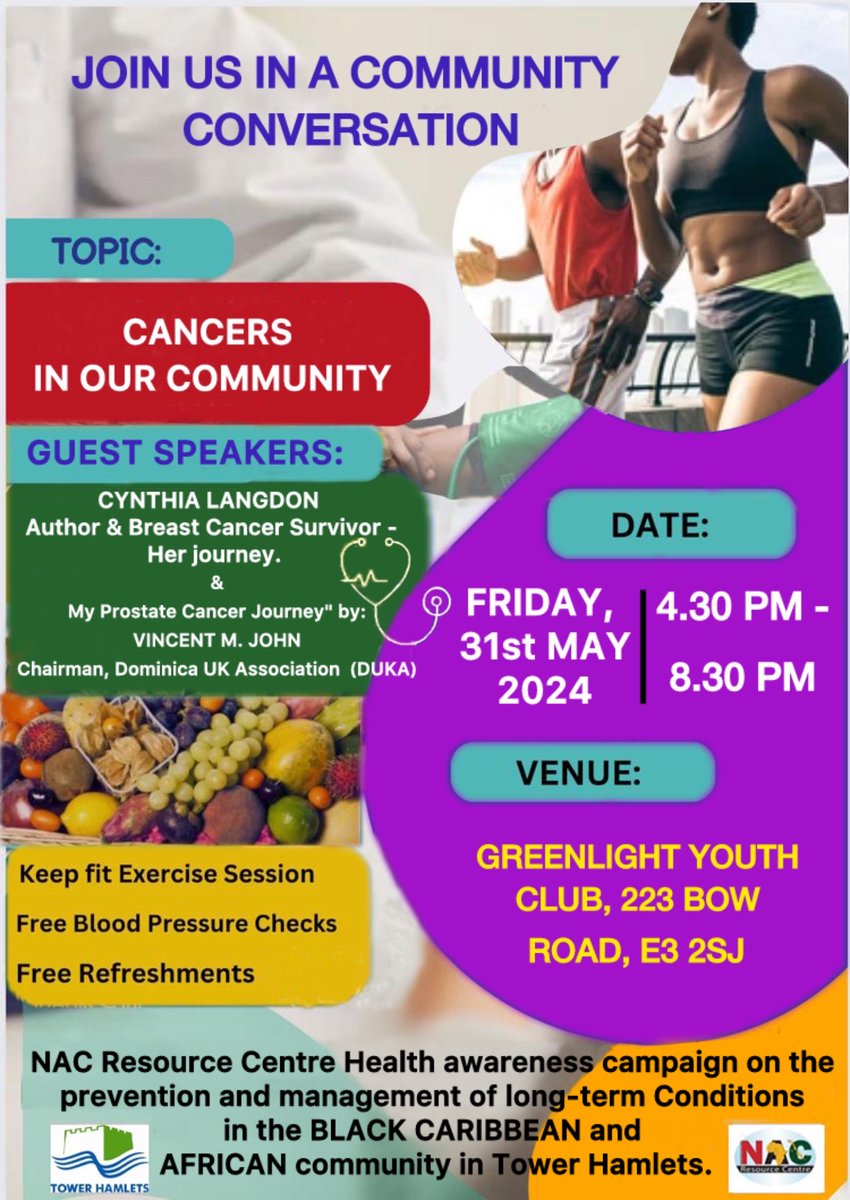 NAC Resource Centre are holding an event with guest speakers on cancer aimed at Black Caribbean and African residents, in addition to a keep fit session, blood pressure checks and refreshments. See flyer for details