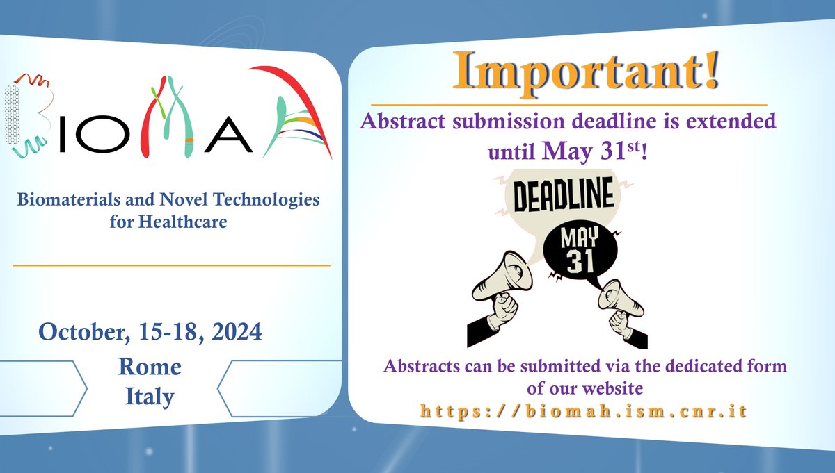 Important! 👉Abstract submission deadline is extended until May 31st!👈 Abstracts can be submitted via the dedicated form of our website Abstract submission page: biomah.ism.cnr.it/?page_id=35 For any info DM us or check biomah.ism.cnr.it @CNR_ISM @CNRsocial_
