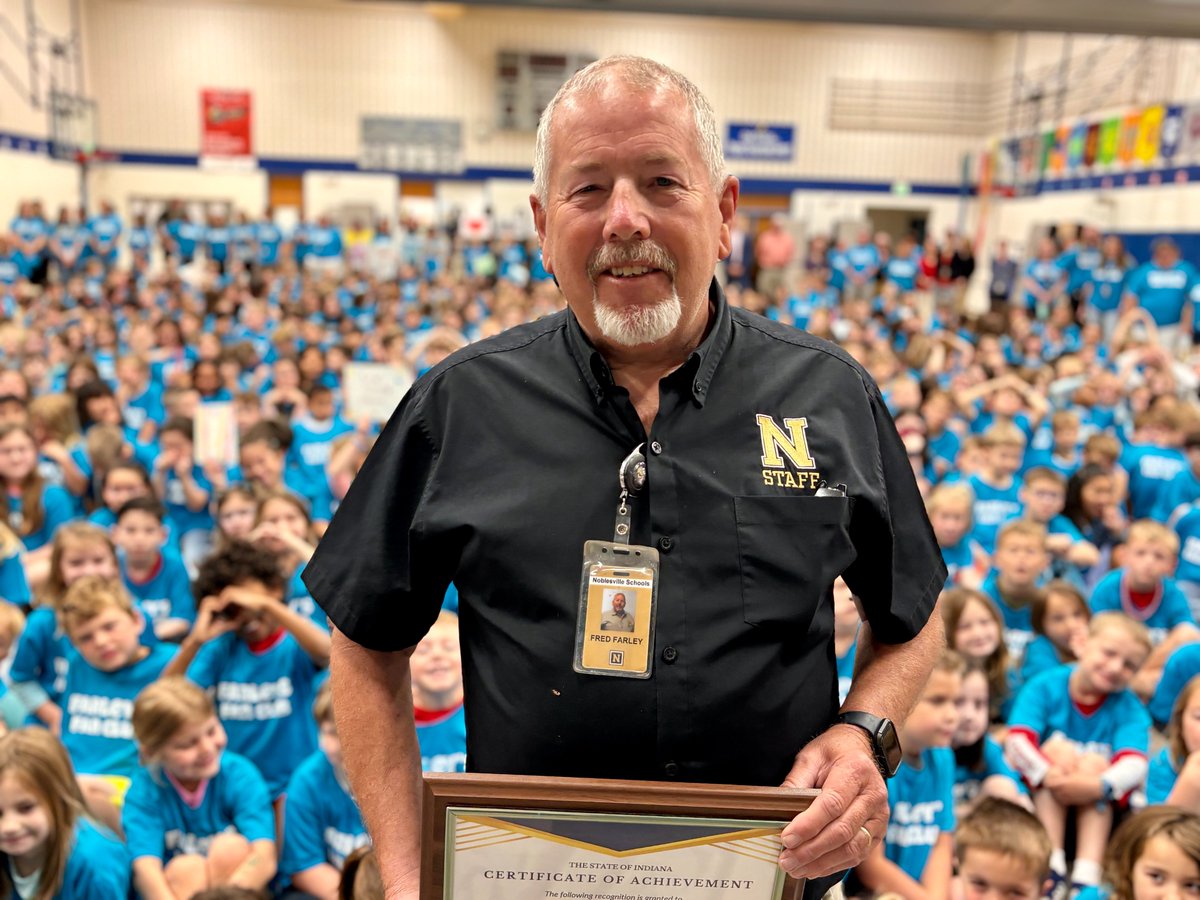 More celebrations! 🥳 Hazel Dell's Fred Farley won prestigious support staff award from State of IN. With 34 years @NobSchools, Fred is beloved for leadership, expertise, hard work, magic tricks + humor. Hazel Dell hosted surprise program for him with 'Farley Fan Club' t-shirts!