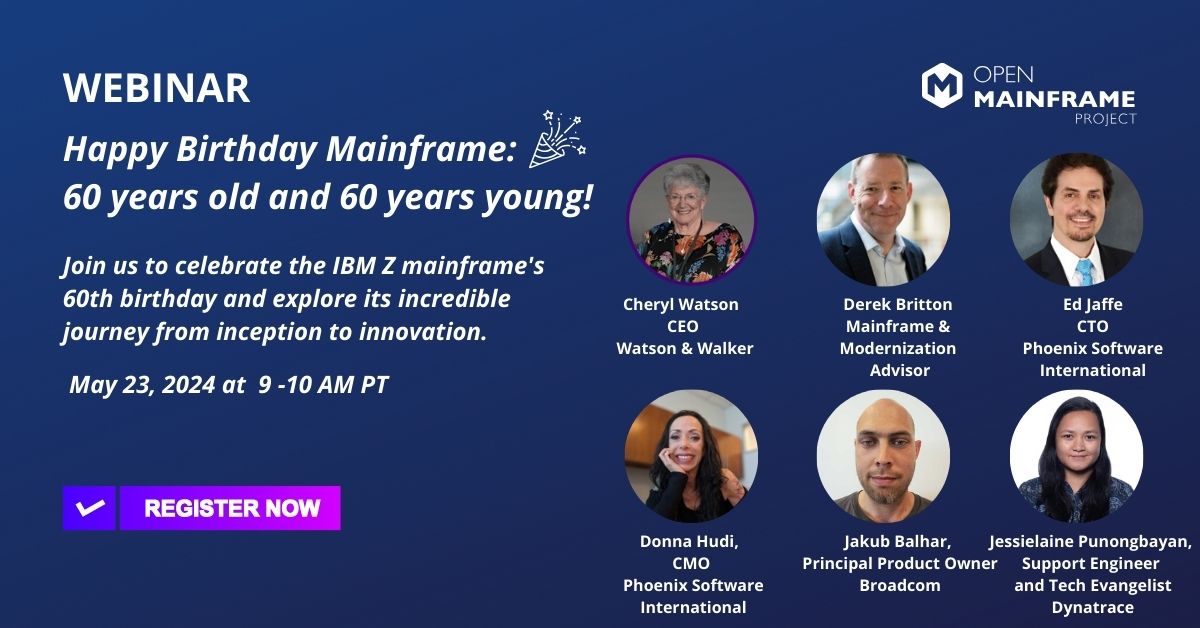 The #mainframe recently turned 60 years young! Join @OpenMFProject on May 23 at 9 am PT for a lively discussion about what comes next w/ a panel featuring Cheryl Watson, @SoulEddieJ @jakub_balhar @DonnaHudi @DerekBrittonUK &@jellpunongbayan. Register here: hubs.la/Q02x1SKW0