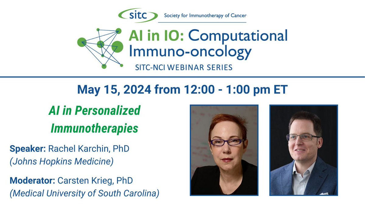 TOMORROW at 12:00 pm ET, @KarchinRachel @HopkinsMedicine will discuss the application of #AI in #immunotherapy target discovery during an @theNCI & @sitcancer computational #ImmunoOncology webinar: sitcancer.org/education/webi…