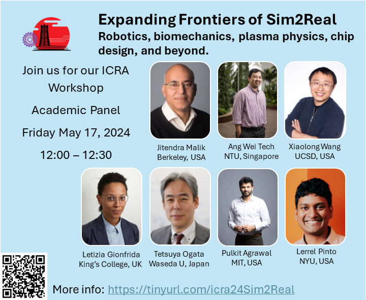 Join us at @ieee_ras_icra for our workshop on Expanding the Frontiers of Sim2Real 🚨 🔥We will have an exciting academic🧑‍🎓discussion panel with @JitendraMalikCV @xiaolonw @l_gionfrida @tetsuyaogata1 @pulkitology @LerrelPinto More info and schedule sites.google.com/view/myosuite/…